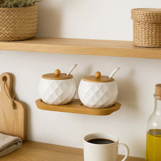 Phos & Gaia Set 2 Pieces Sugar Jars with Lid and Wooden Stand
