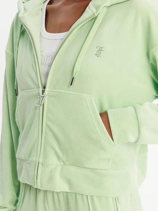 Cropped Women's Velvet Sweatshirt Cardigan Hooded Green