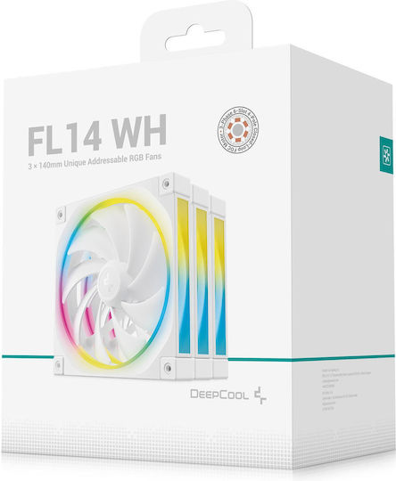 Deepcool FL14 Case Fan 140mm (1700rpm / 66.59cfm) with ARGB Lighting and 4-Pin PWM Connection 3pcs White
