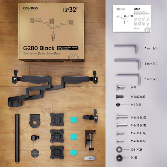 Onkron Stand Desk Mounted for 3 Monitors up to 32" with Arm (G280-B)