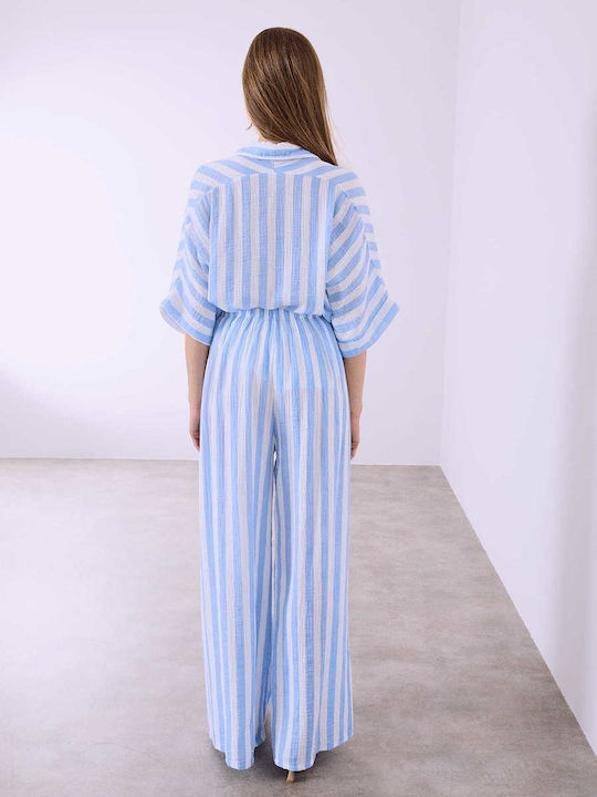 Celestino Γυναικεία Παντελόνα Βαμβακερή Ριγέ Loose Fit Γαλάζιο Celestino Γυναικεία Παντελόνα Βαμβακερή Ριγέ Loose Fit Γαλάζιο