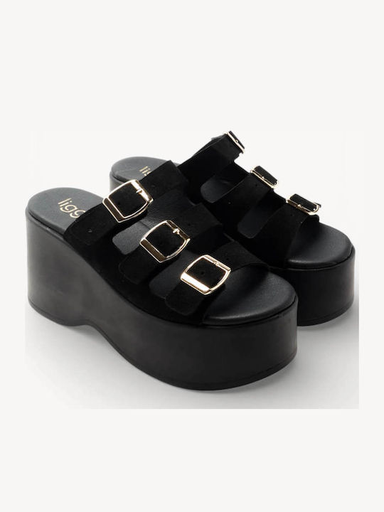 Черни Кожени Flatforms С 3 Регулируеми Токички