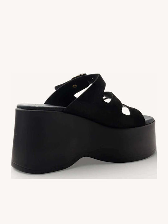 Черни Кожени Flatforms С 3 Регулируеми Токички