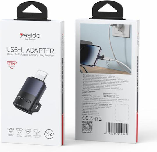 Adaptor OTG Lightning La Type-C 27W 480Mbps Aliaj De Aluminiu Yesido Gri