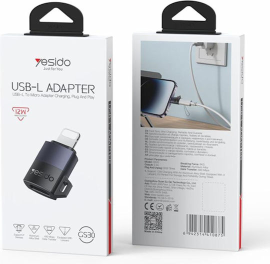 Otg Adapter Lightning To Micro-usb 480mbps 12w Aluminum Alloy Yesido Silver