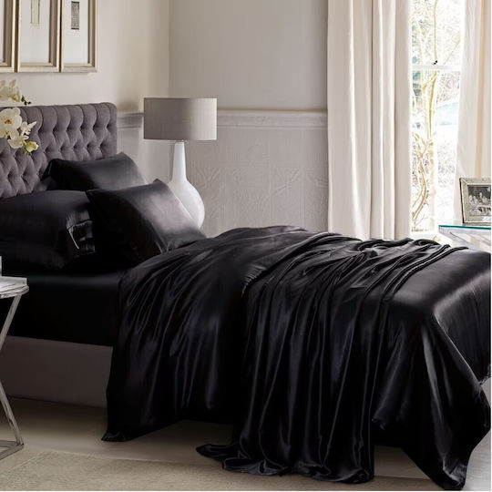 Kotonia Home Set Lenjerie Pat King Size 4 Piese Satin Damasc Deluxe Bumbac 100% Negru