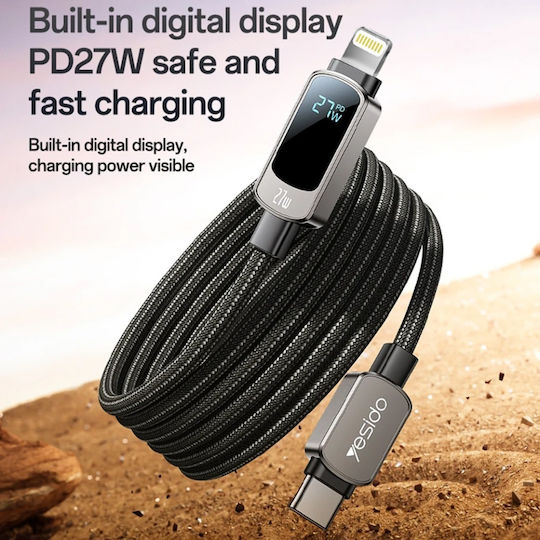 Данен Кабел Type-c към Lightning Цифров Дисплей 27w 1.2м Нйлон Yesido Черен