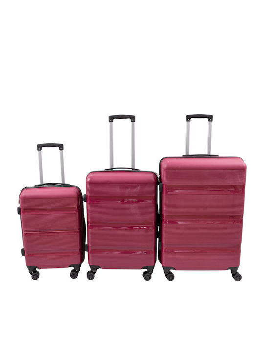 Hard Dark Red Travel Suitcases with 4 Wheels Set of 3 Pieces