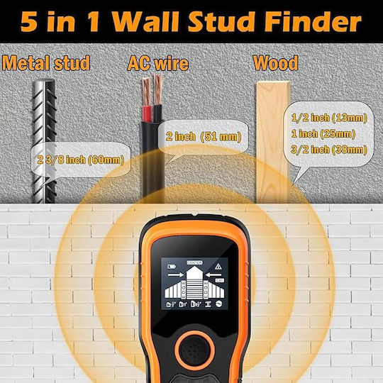Detector Multifuncțional Instalații Electrice Componente Metalice Grinzi de Lemn Cavități Zola Ecran Lcd Semnalizare Sonoră Sensibilitate Maximă 80 Mm 7.5x3x18 Cm Portocaliu