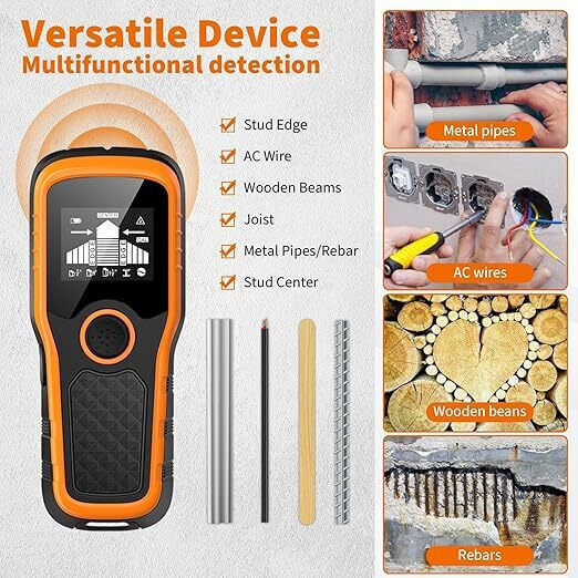 Detector Multifuncțional Instalații Electrice Componente Metalice Grinzi de Lemn Cavități Zola Ecran Lcd Semnalizare Sonoră Sensibilitate Maximă 80 Mm 7.5x3x18 Cm Portocaliu