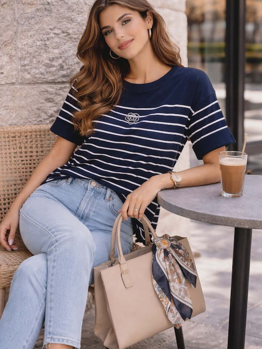 Damen Crop Baumwolliger Gestreifter Bluse Blau