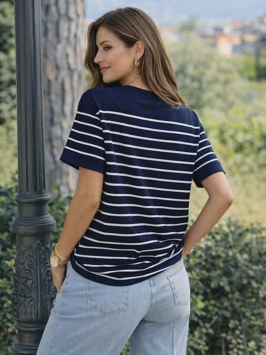 Damen Crop Baumwolliger Gestreifter Bluse Blau