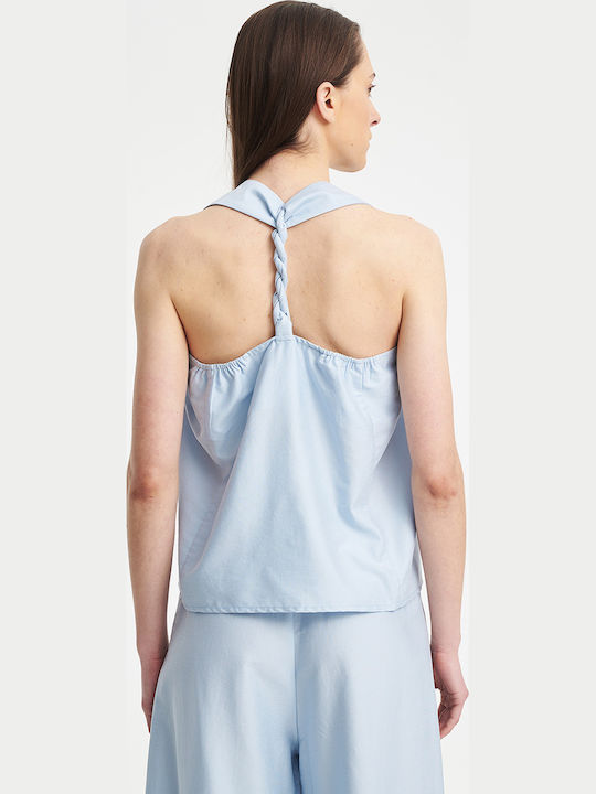 Damen Bluse Ärmellos mit Halsschleife Hellblau
