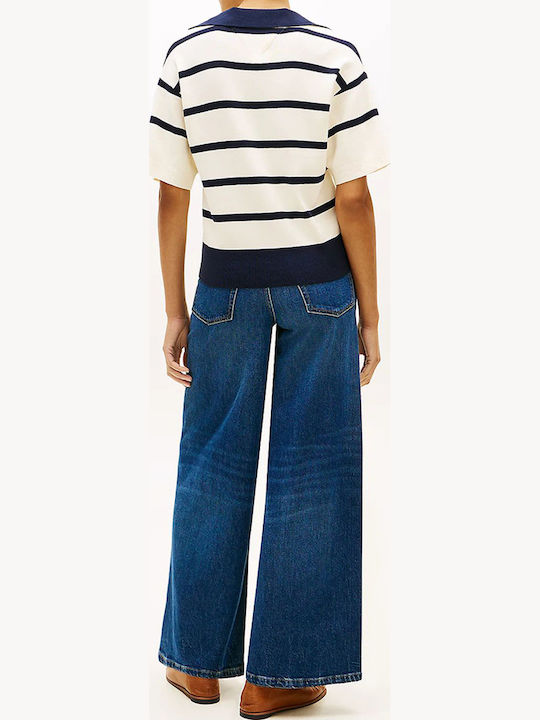 Women's Cotton Short Sleeve Striped Navy Blue Top