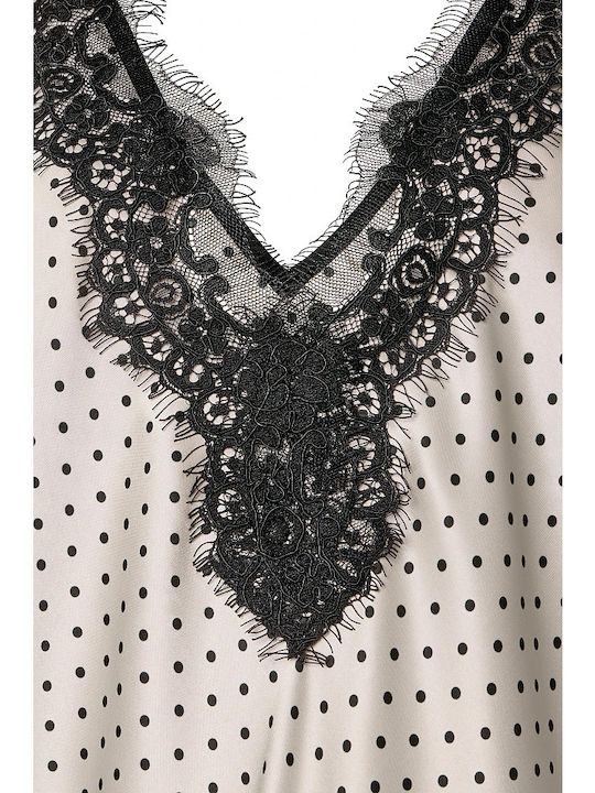 Damenbluse Satin Ärmellos mit V-Ausschnitt Polka Dot Vanille