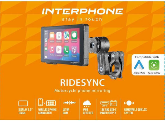 Interphone Motorrad-Navigationsbildschirm Ridesync Apple Carplay & Android Auto Motorräder Schwarze Interphoridesync
