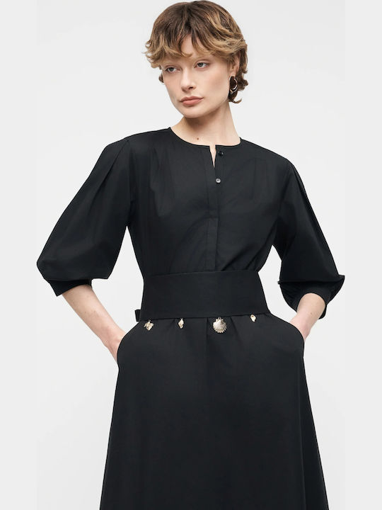 Poplin Midi Φόρεμα με Μανίκι 3/4 Μαυρο