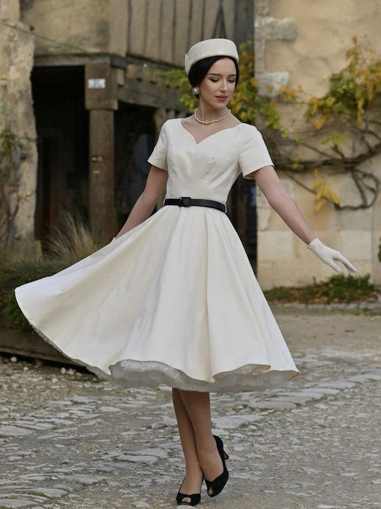 Vintage Καλοκαιρινό Midi Φόρεμα για Γάμο / Βάπτιση Μπεζ