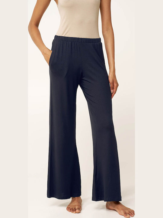 Women's Fabric Trousers with Rubber Band in Loose Fit Black