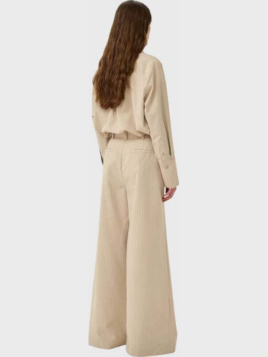 Women's Fabric Trousers in Wide Leg Style Striped Brown