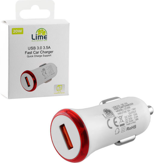 Lime Car Charger 20W 2.4A Fast Charging with One Port 1xUSB White Color