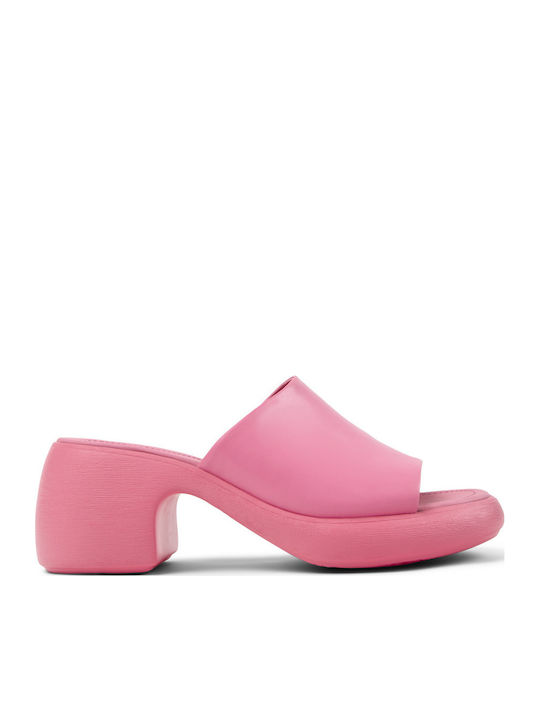 Leather Mules with Heel in Pink Colour