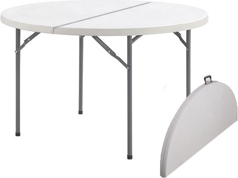 Set Mobilier Catering Eveniment Raki Masă Pliantă Rotundă Tip Valiză D122xh74cm 6 Scaune 44x42xh92cm Huse Textile Plastic Metal Alb