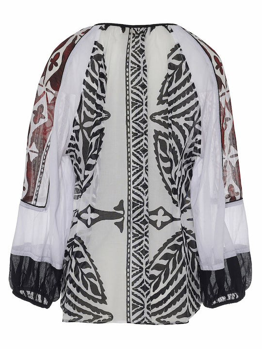 Women's Cotton Long Sleeve Blouse White-Black