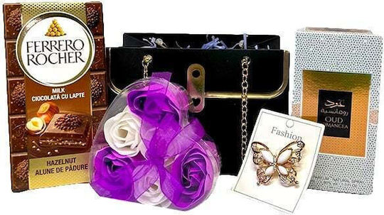 Set Cadou Oud Romance Arabic Eau de Parfum Pentru Femei 50 Ml Săpun cu Ciocolată Cutie cu Trandafiri Brosă În Portfard Tip Geantă Negru