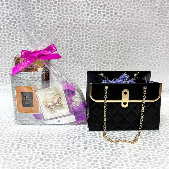 Set Cadou Oud Romance Arabic Eau de Parfum Pentru Femei 50 Ml Săpun cu Ciocolată Cutie cu Trandafiri Brosă În Portfard Tip Geantă Negru