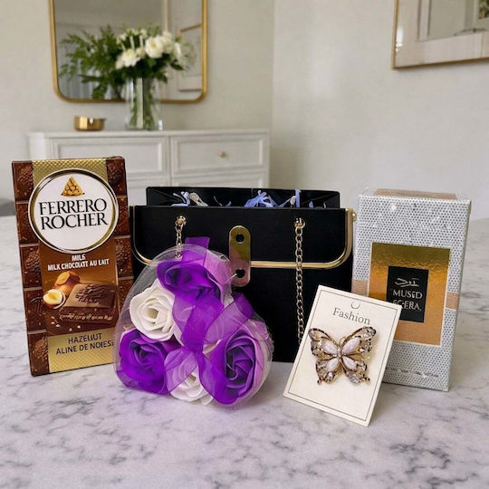 Set Cadou Oud Romance Arabic Eau de Parfum Pentru Femei 50 Ml Săpun cu Ciocolată Cutie cu Trandafiri Brosă În Portfard Tip Geantă Negru