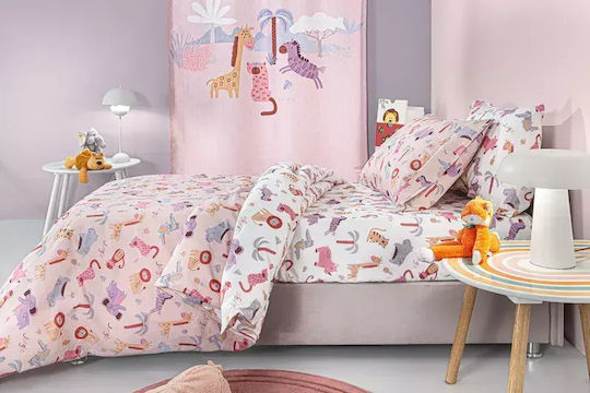 Guy Laroche Сет Единични Спални Комплекти с Ластик Памучни Jungle Jungle Розов 165x250cm 3 Бройки