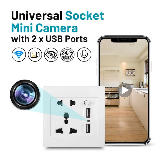 Cameră De Supraveghere Ascunsă Priză De Perete Internațională Iuni Pr2 Wi-Fi 64GB Full HD 2 Porturi USB-A