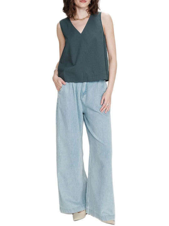 Women's Sleeveless Blouse with V-Neck Green