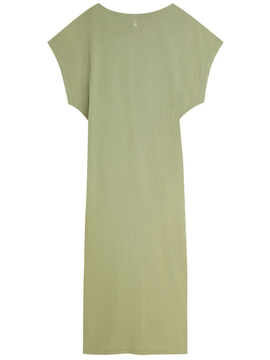 Summer Midi Dress with Tearing in Green