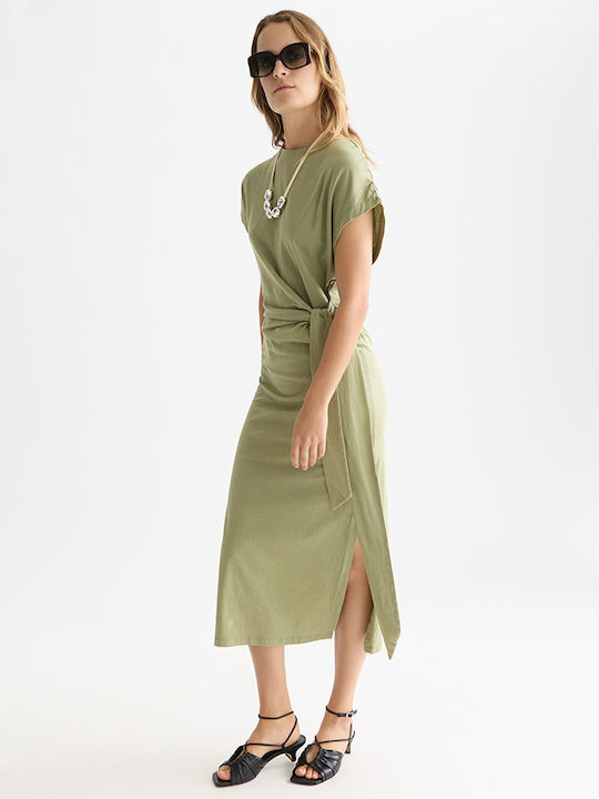 Summer Midi Dress with Tearing in Green