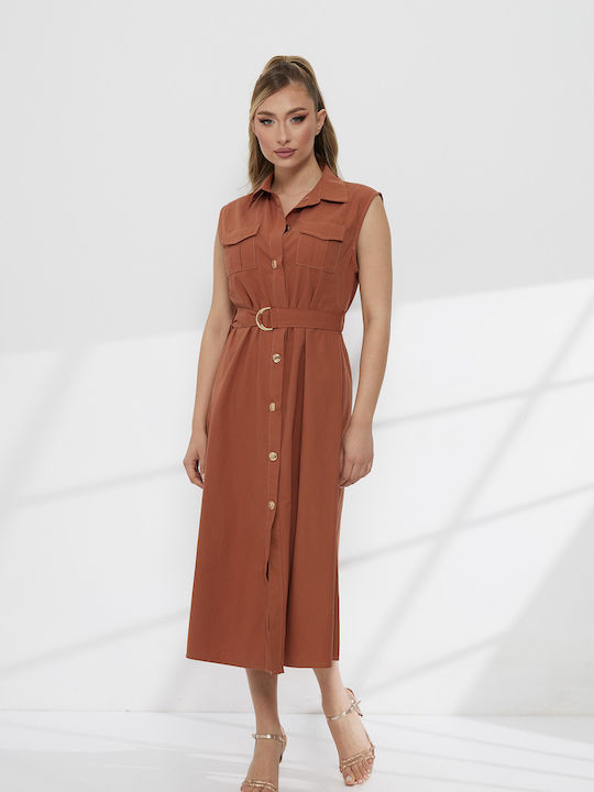 Summer Midi Shirt Dress Sleeveless Brown
