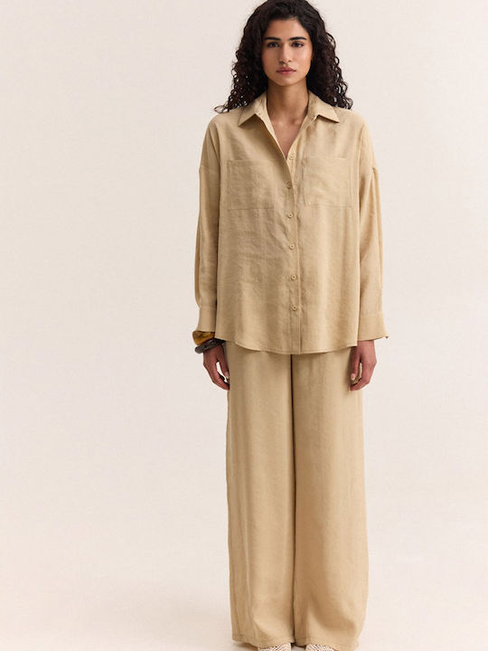 Women's Leather Pantaloons with Rubber Band in Loose Fit Beige