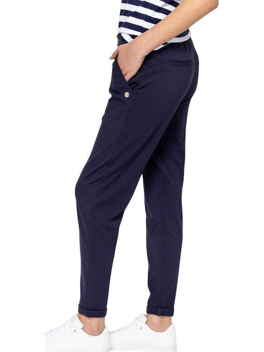 Women's Fabric Trousers with Rubber Band in Slim Fit Blue