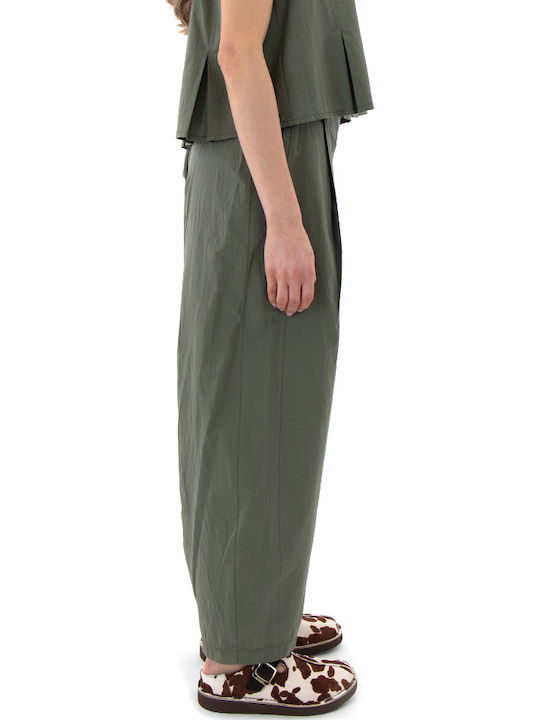 Damen Hochbund Stoffhose mit Gummiband in Balloon Bein Stil Khaki