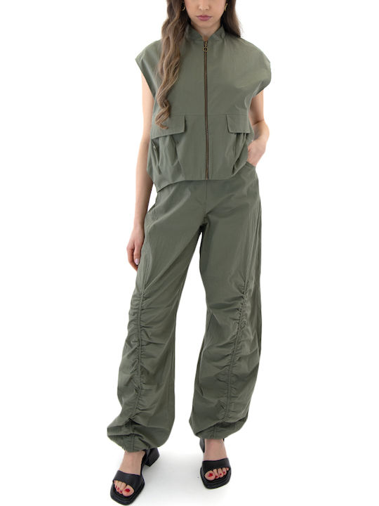 Damen Stoffhose mit Gummiband in Balloon Bein Stil Khaki