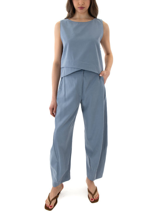 Women's High Rise Fabric Trousers with Rubber Band in Balloon Leg Style Sky Blue