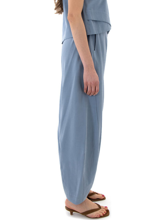 Women's High Rise Fabric Trousers with Rubber Band in Balloon Leg Style Sky Blue