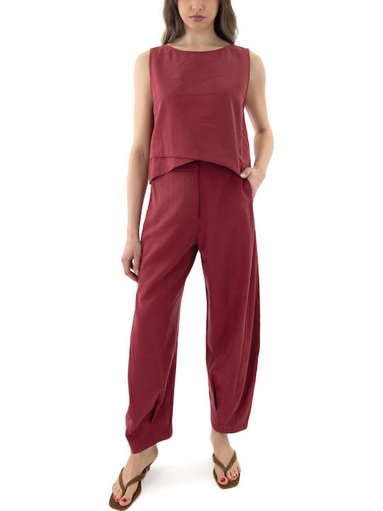 Women's High Rise Fabric Trousers with Rubber Band in Balloon Leg Style Red