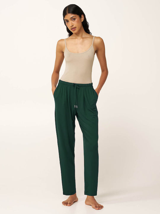 Women's Fabric Trousers with Rubber Band in Tapered Leg Green Garden