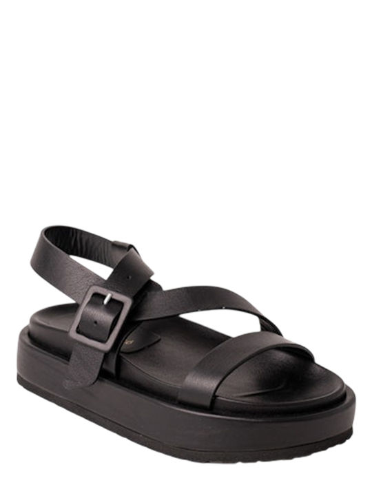 Δερμάτινα Γυναικεία Σανδάλια Flatforms Μαύρα
