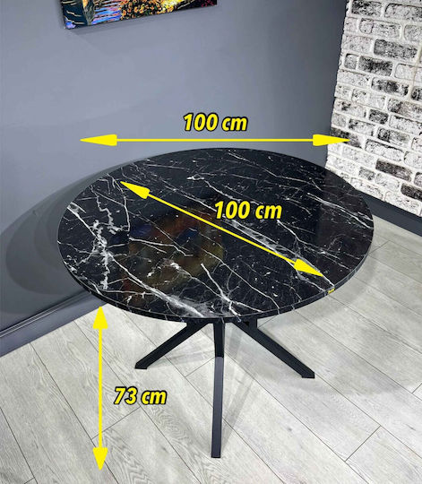 Round Kitchen Table With Black Metal Legs - Marble With Black Design (90x90x73cm) Round Kitchen Table With Black Metal Legs - Marble With Black Design (90x90x73cm)