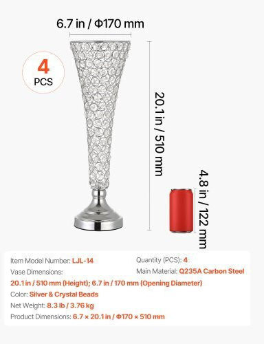 Vevor Set Decorative Crystal Silver Vases 17xH51cm 4 Pieces