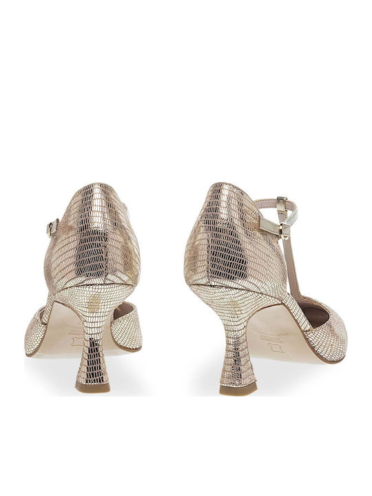 Leder Spitze Zehe Pumps mit Riemen Gold Damen