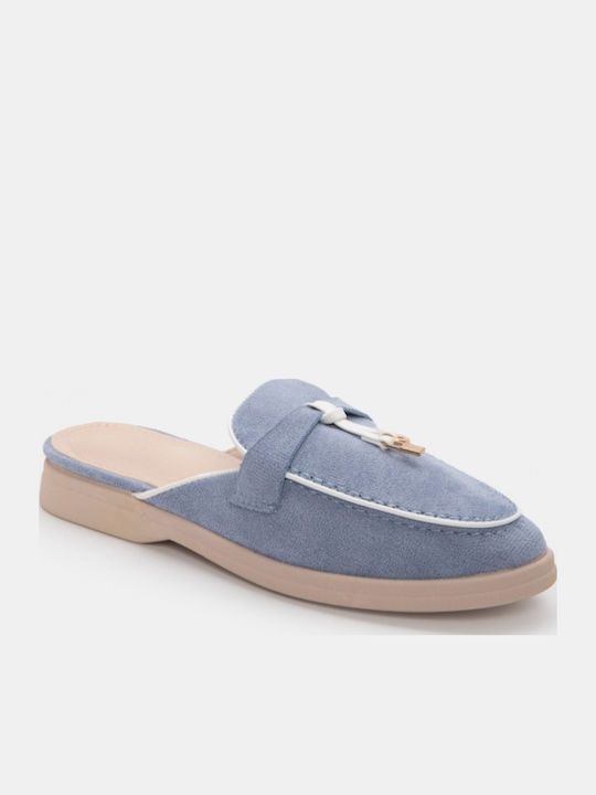 Flat Suede Mules In Light Blue Colour
